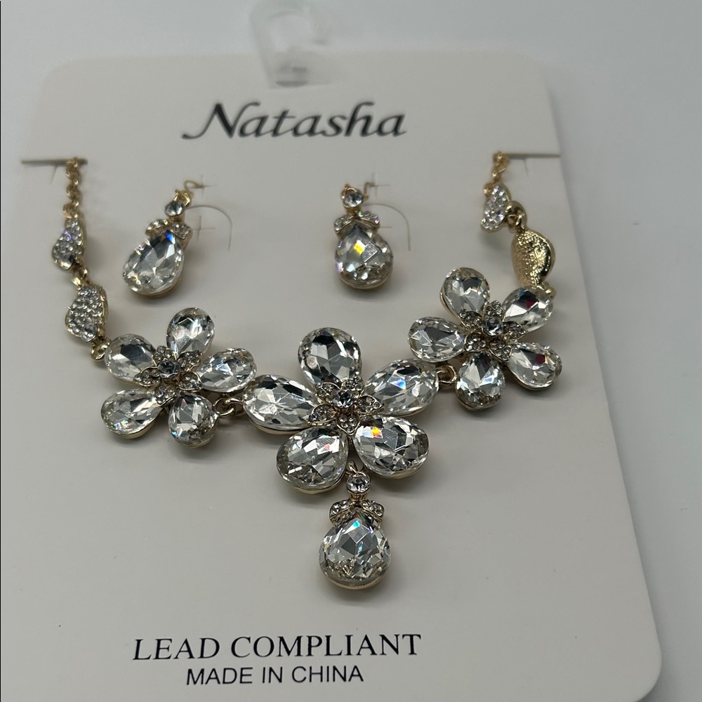Natasha Couture Gold and Clear Crystal Floral Necklace with Matching Earrings
